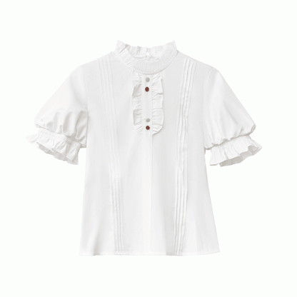 Bluse mit Puffärmeln und weißen Faltendetails, Rüschen am Ausschnitt