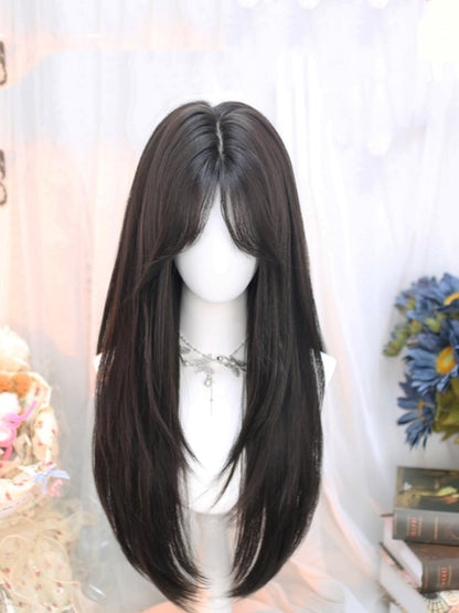 Black Tea Under Bust Length Straight Wig with Curtain Bangs