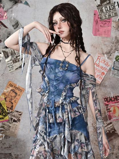 Grunge Punk Rock Fairycore Blue Butterflies Mesh Patchwork Top Flounce Hem