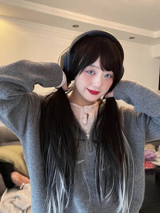Highlight Bangs With Length And Silver Wig Black 70CM Straight