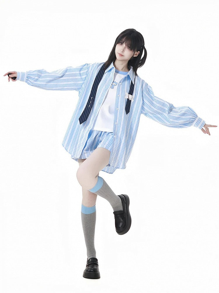 Blue  White Elastic Waist Plaid Shorts