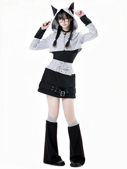 Wolf Ears Gray Zip Hood Closure Design Cropped Jacket