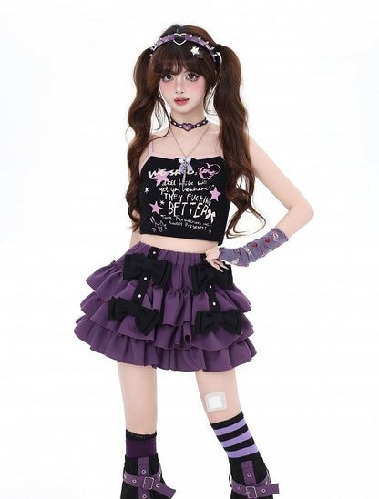 Strap Leg Warmers Black Bowknots Lined Purple Tiered Skirt with Criss-cross