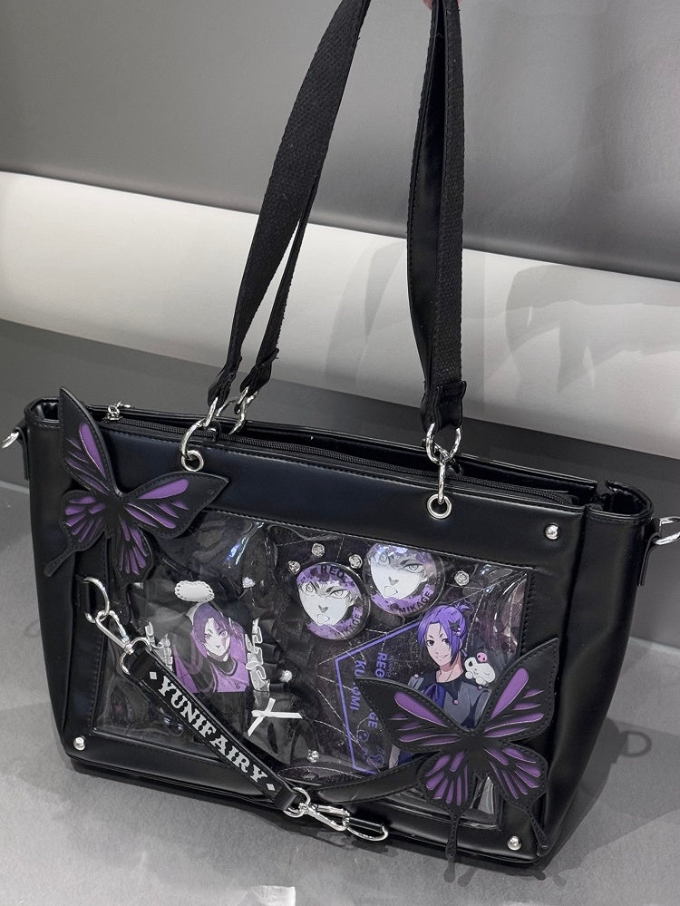 Purple Detachable Butterfly Spiderweb Detail Black Ita Shoulder Bag