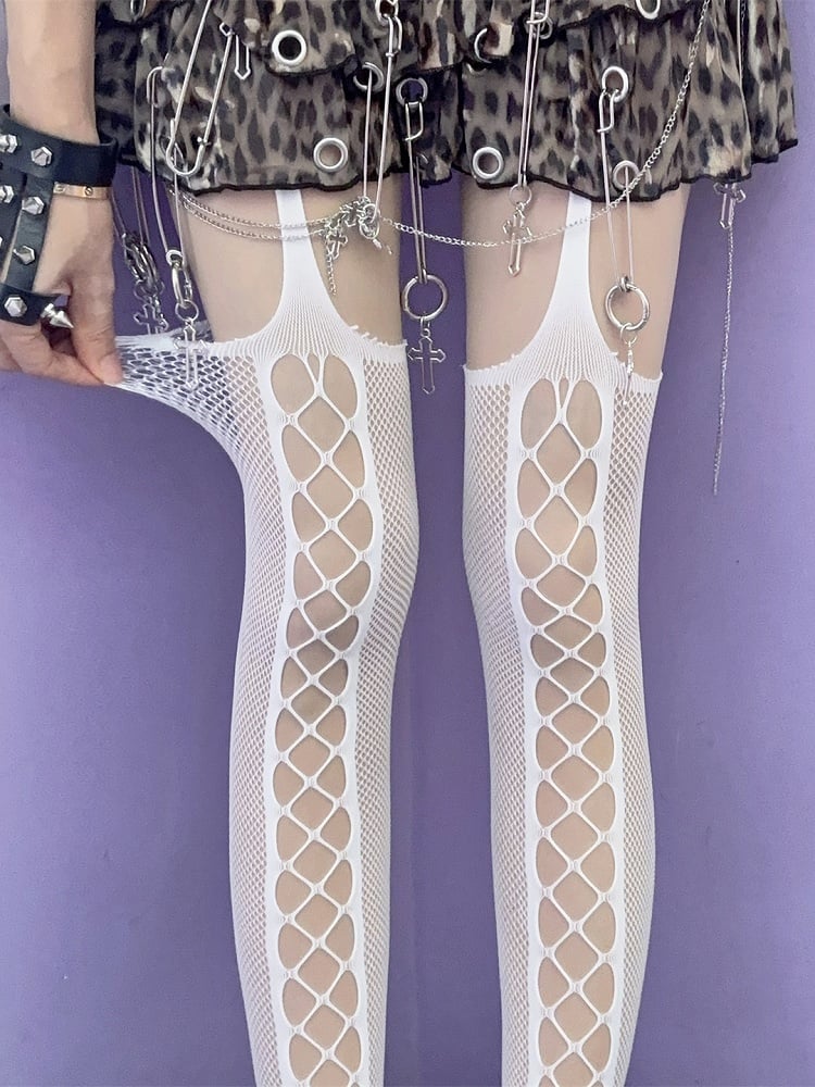 Cut-out Rock Black/Red/White Suspender Punk Design Stockings