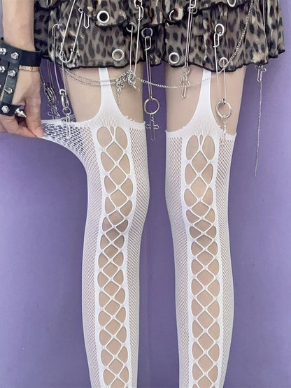 Cut-out Rock Black/Red/White Suspender Punk Design Stockings