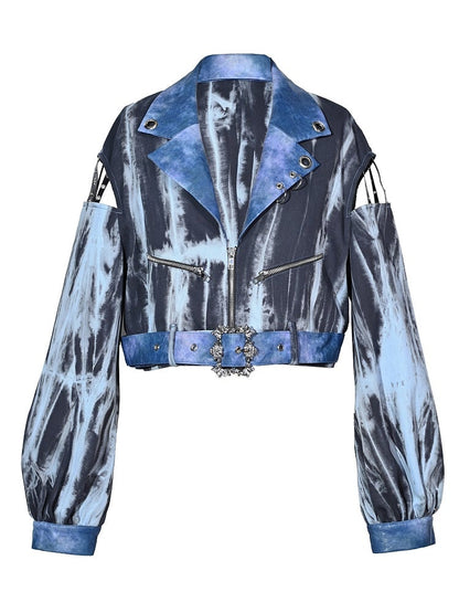 Grunge Punk Rock Blue Cutout Sleeves Tie Dye PU Moto Jacket with Free Belt