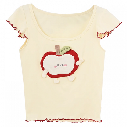 T-Shirt Lettuce Red Light Yellow Scoop Neckline Apple Applique Hem