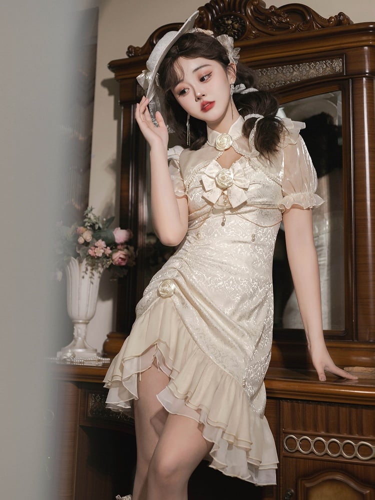 Lolita Mermaid Rose Hemline Ruffle Jacquard Ivory Decoration Detail Bead JSK
