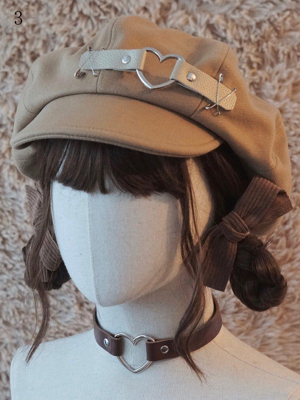 Botton khaki Hat Beret Decorated
