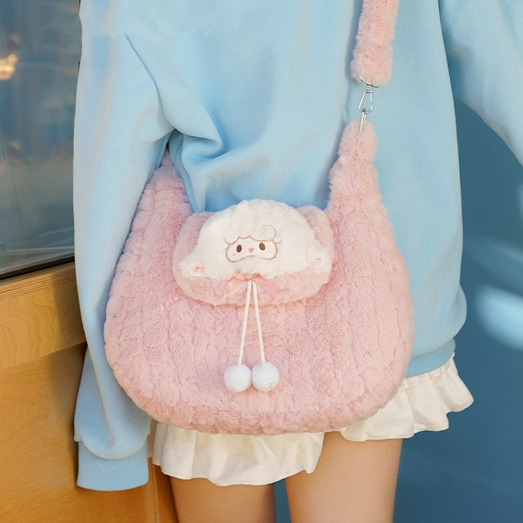 Sac bandoulière en peluche rose avec pompons et petit agneau mignon