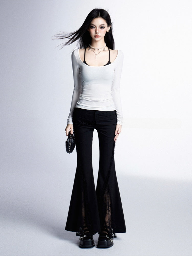Lace Patches Cuffs Hem Glamorous Waist Raw Black Low Flared Pants