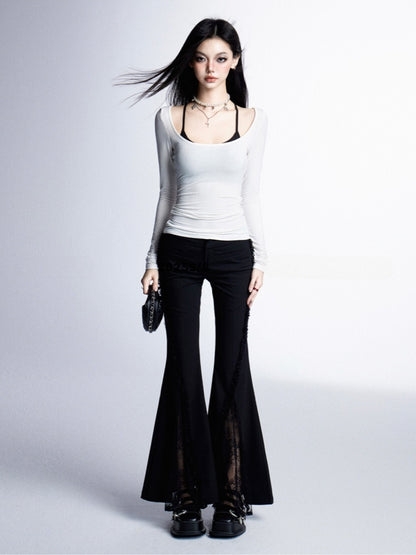 Lace Patches Cuffs Hem Glamorous Waist Raw Black Low Flared Pants
