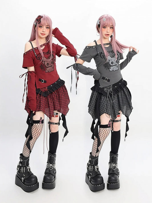 Y2K Red Gray Detail Plaid Lace-up with Black/Black Handkerchief Hem Skirt