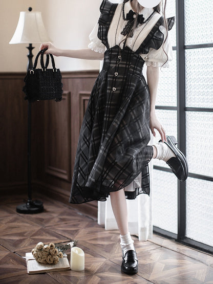 Basque with Jirai Overall Dress in Kei Black Plaid Long Waist Inverted Flutter Sleeves Version