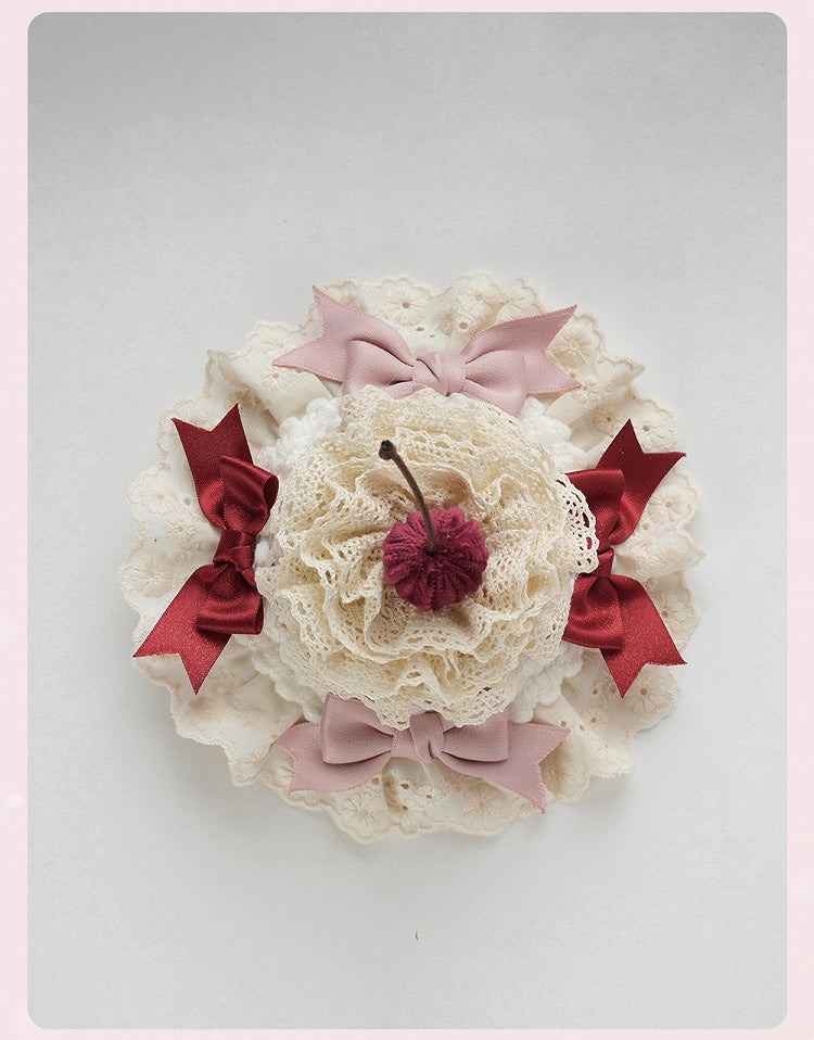 Sweet Lolita Pink Bows Cherry Cake Layered Lace Trim Mini Hat