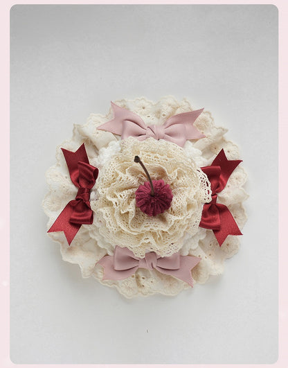 Sweet Lolita Pink Bows Cherry Cake Layered Lace Trim Mini Hat