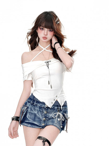 Pink/White Halter Neck Asymmetrical Hem Slim-fitting T-Shirt