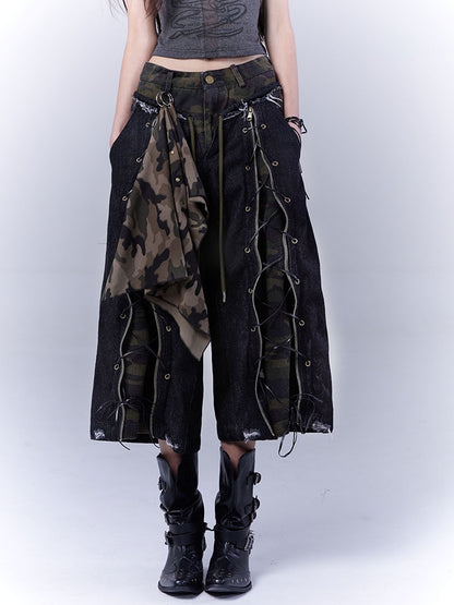 Distressed Rock Straight-leg Jeans Punk Camouflage Lace-up Front