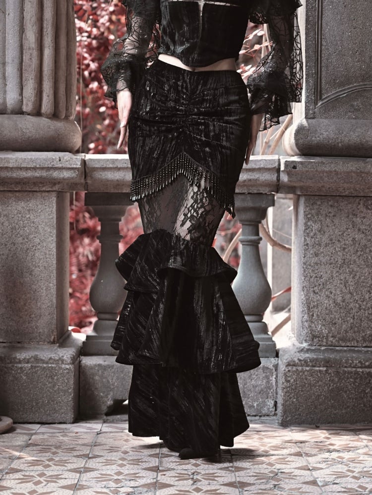 Goth Vampire Mermaid Skirt with Layered Flounce Hem and Black Pearl Tassels