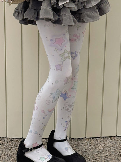 White Sweet Star Print Tights