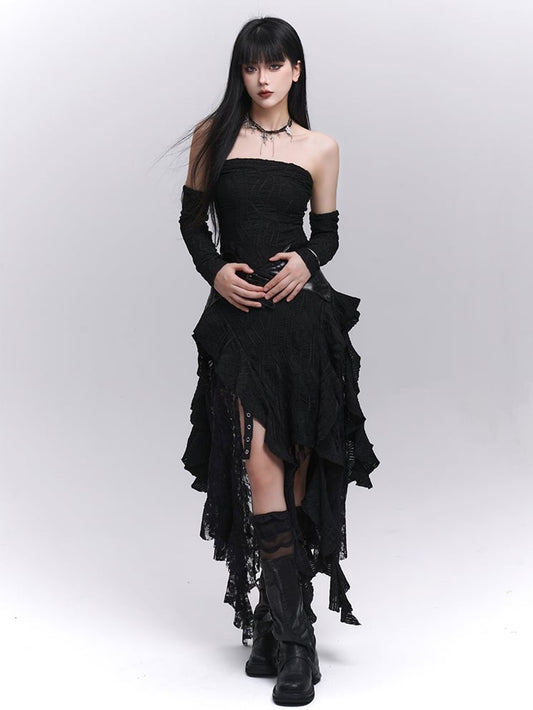 Asymmetrical with Black Free Cascading Ruffles Strapless Dress