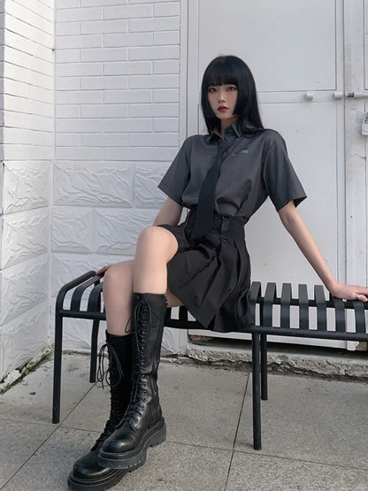 Grey Preppy JK Uniform Shirt with Tie