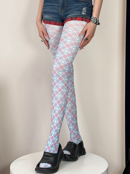 Heart Diamond Print Y2K Tights Pattern BluePink