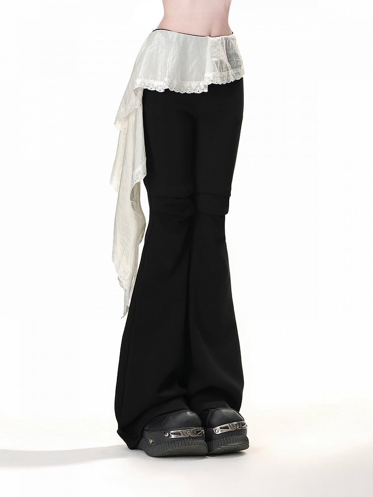 Design Black Elastic Waist Patchwork Hem Flared Pants Asymmetrical