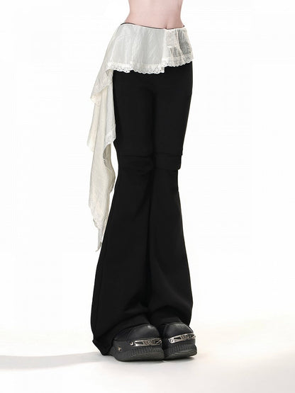 Design Black Elastic Waist Patchwork Hem Flared Pants Asymmetrical