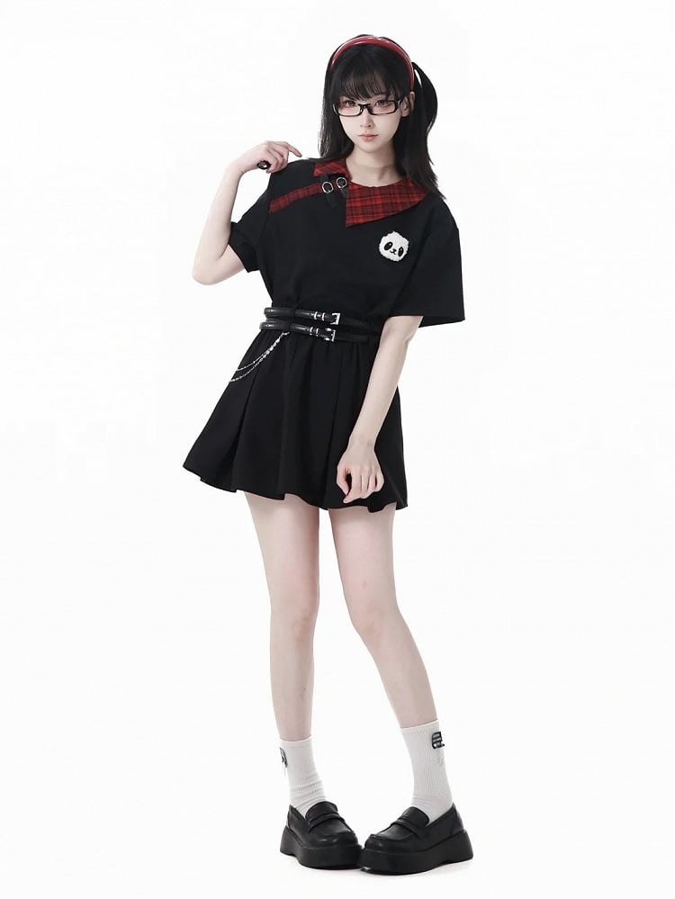 T-Shirt with Panda Straps Plushie Red Plaid Collar Black Buckle