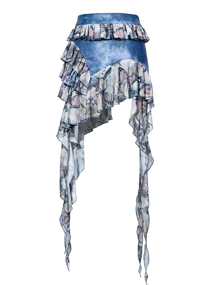 Grunge Punk Rock Fairy Style Blue Butterflies Tiered Ruffles Asymmetrical Hem Patchwork Skirt