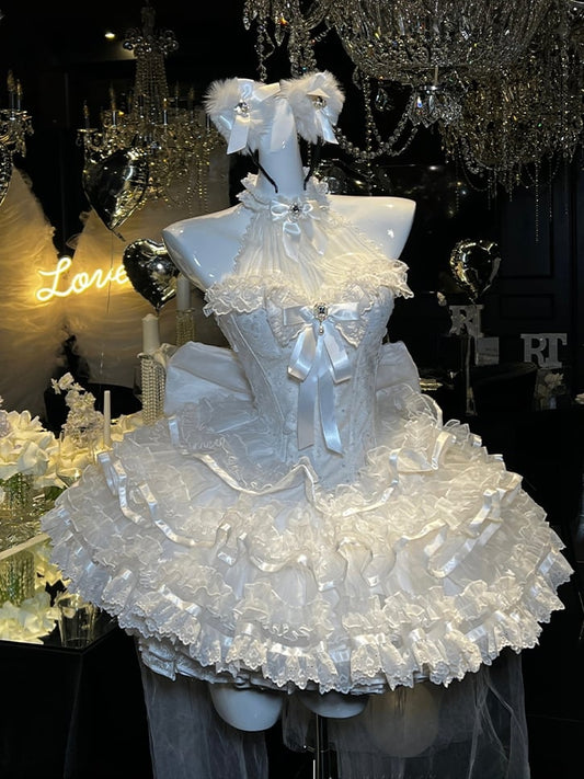 Robe Hanayome Shiro blanche à col licou et papillons et paillettes