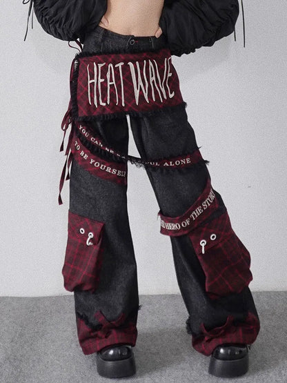 Plaid Schwarz Cargo Taschen mit Buchstaben Jeans Stickerei Punk