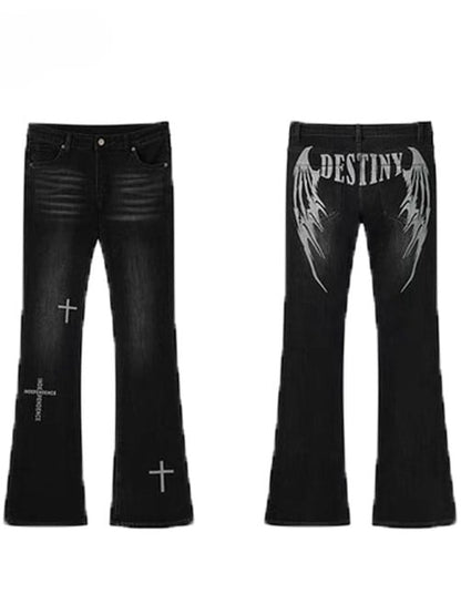 Flare Black Wings Print Y2K Jeans And Silhouette Cross