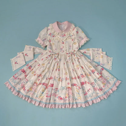 Lolita Scalloped Eyelet Kitty Short Dress with Sleeves Print Creamy Sweet Trims