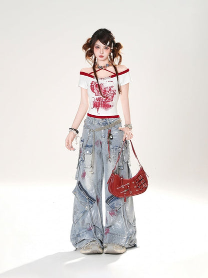 Low Details Distressed Spray Paint Print Blue Wide-leg Jeans Rise Zipper