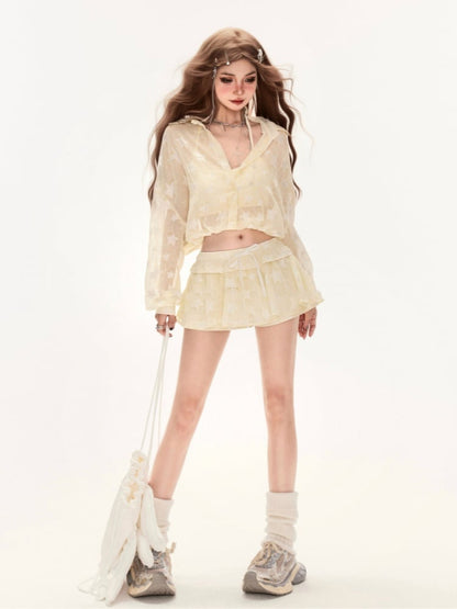 Waist Mini Skirt Yellow Allover Drawstring Star Print