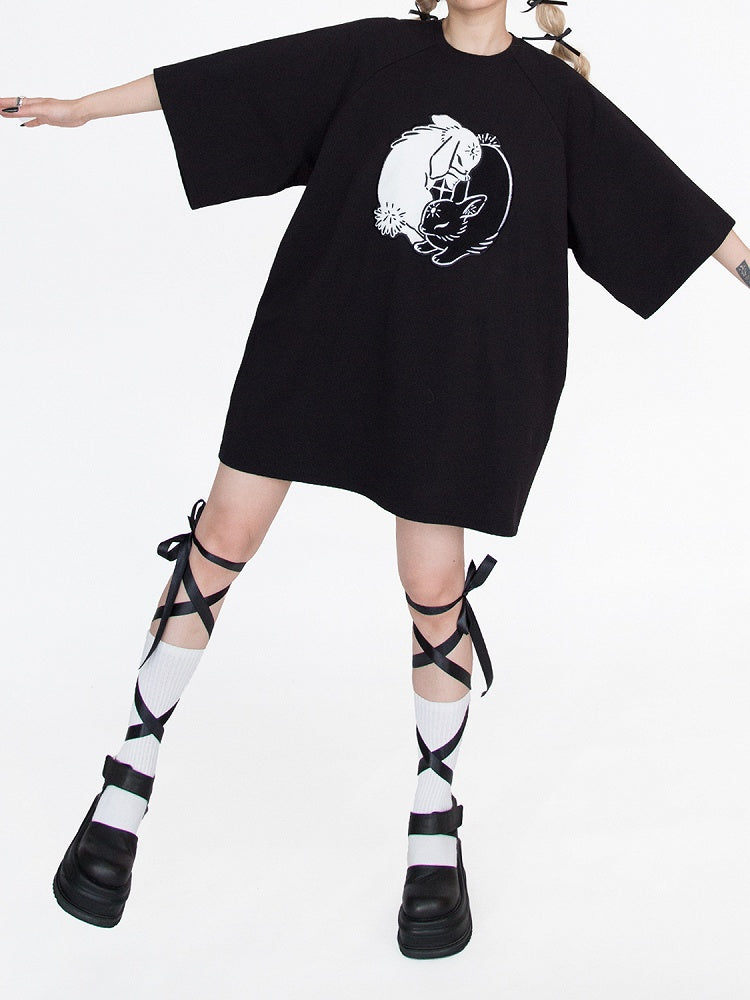 Black Bunny Embroidery Oversized T-Shirt