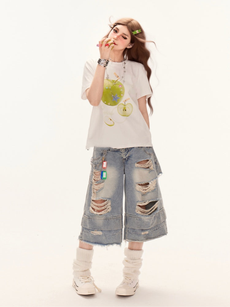 Embellished T-Shirt Green Apple Print White Round Neck Rhinestones