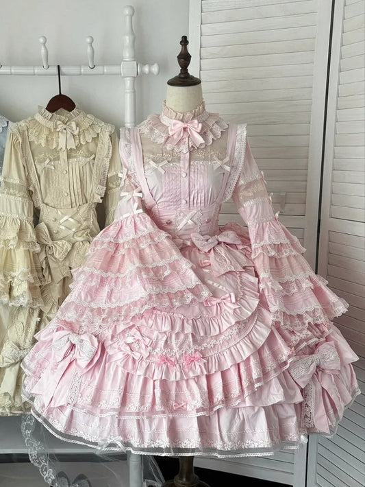 Pink Layered Hem with Ruffle Bust Dress Under Sweet Bow Lolita Accents