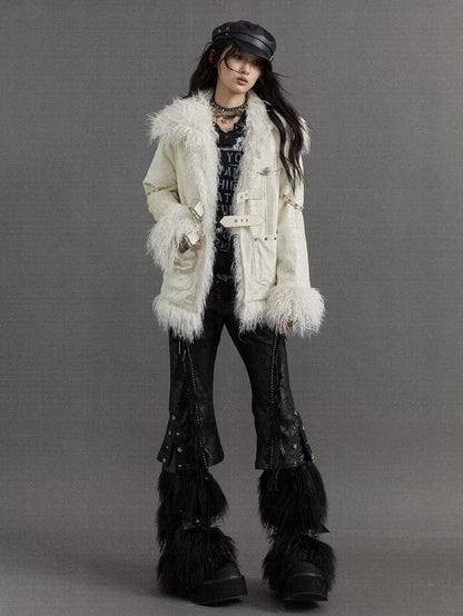 Silver Buckles and Studs Milk White Punk Loose Winter Coat