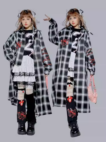 Black&Gray Plaid Pattern Kitty and Panda Pin Chain Shirt+White Brain Knitted Long Cardigan