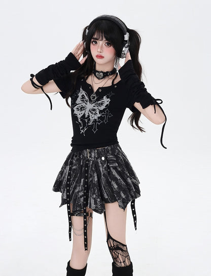 Butterfly Print Halter Neck T-Shirt Armwear with Black/White