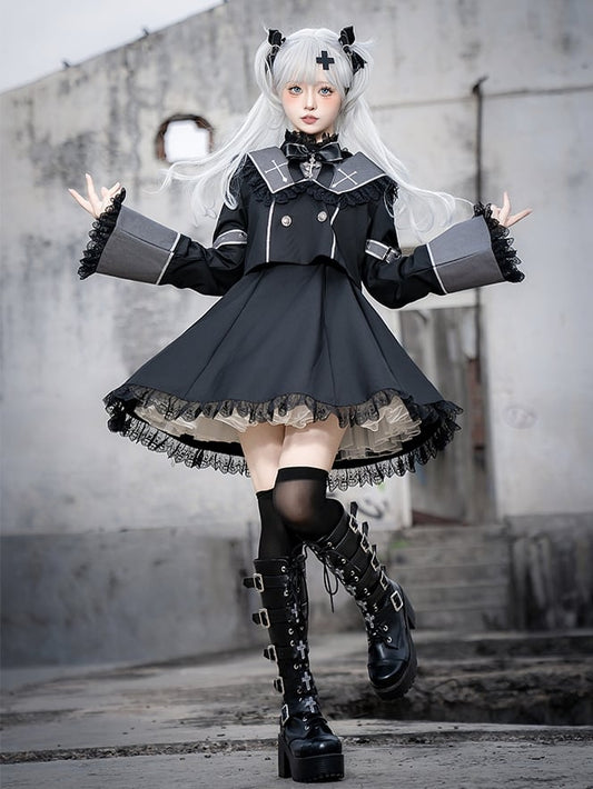 Black Sleeves Dress Long Lolita Kei-inspired Gray Jirai and