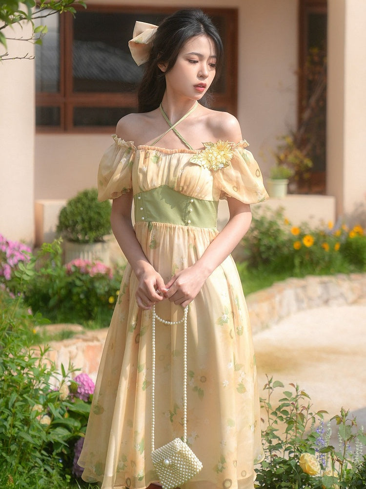 Halter Sunflowers Free Brooch Print Dress Neck