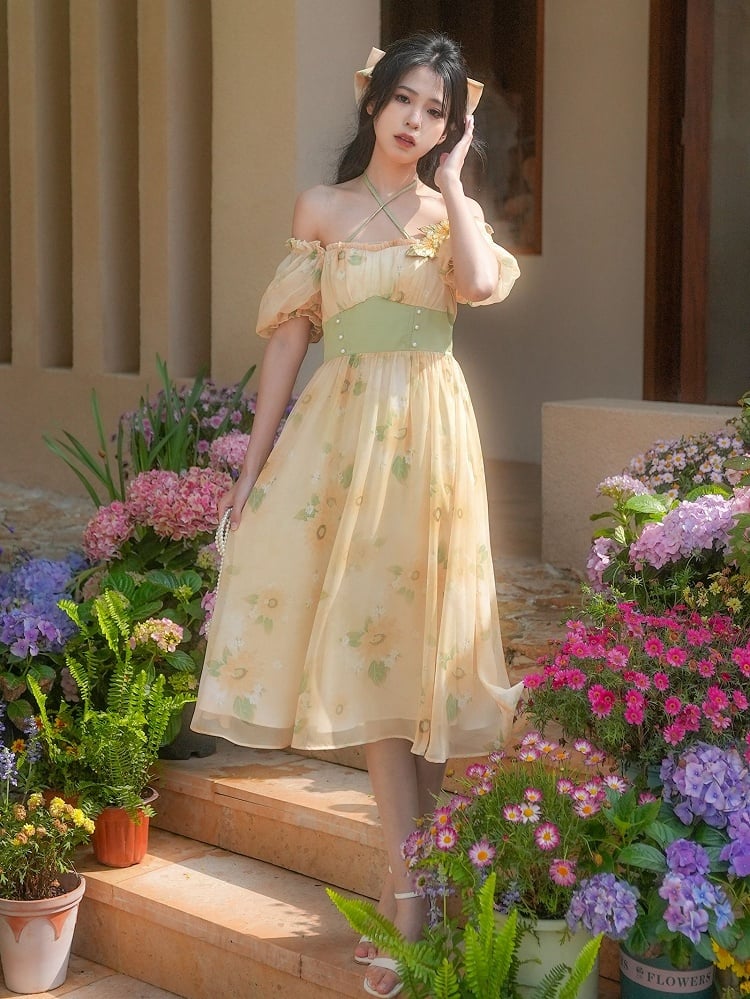 Halter Sunflowers Free Brooch Print Dress Neck