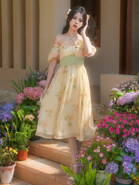 Halter Sunflowers Free Brooch Print Dress Neck