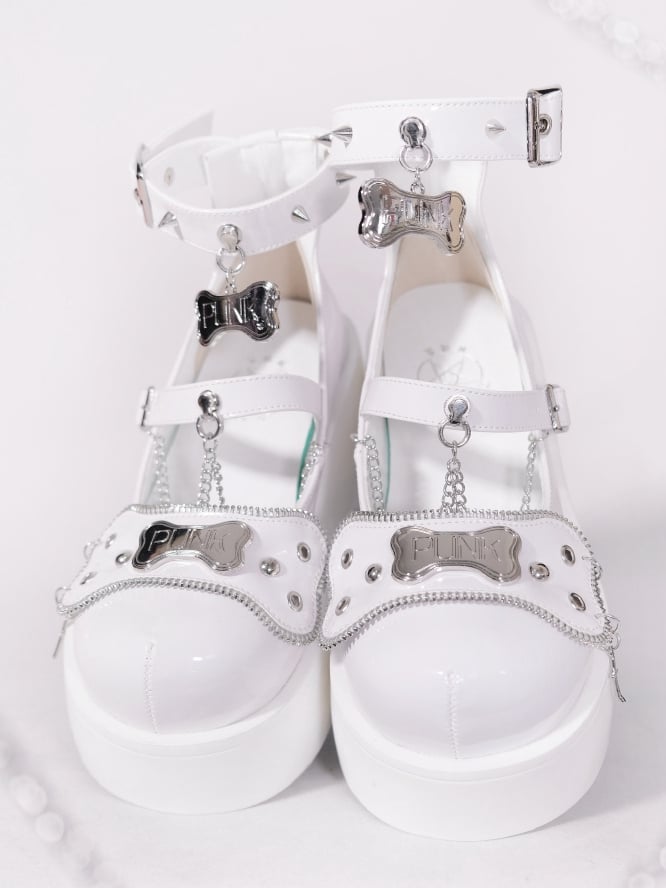 Metal Bones Decorated White Platforms Punk Shoes