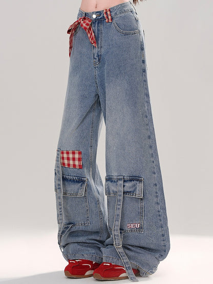 Light Blue Detachable Plaid Bow Cargo Pockets Wide-leg Cut Jeans